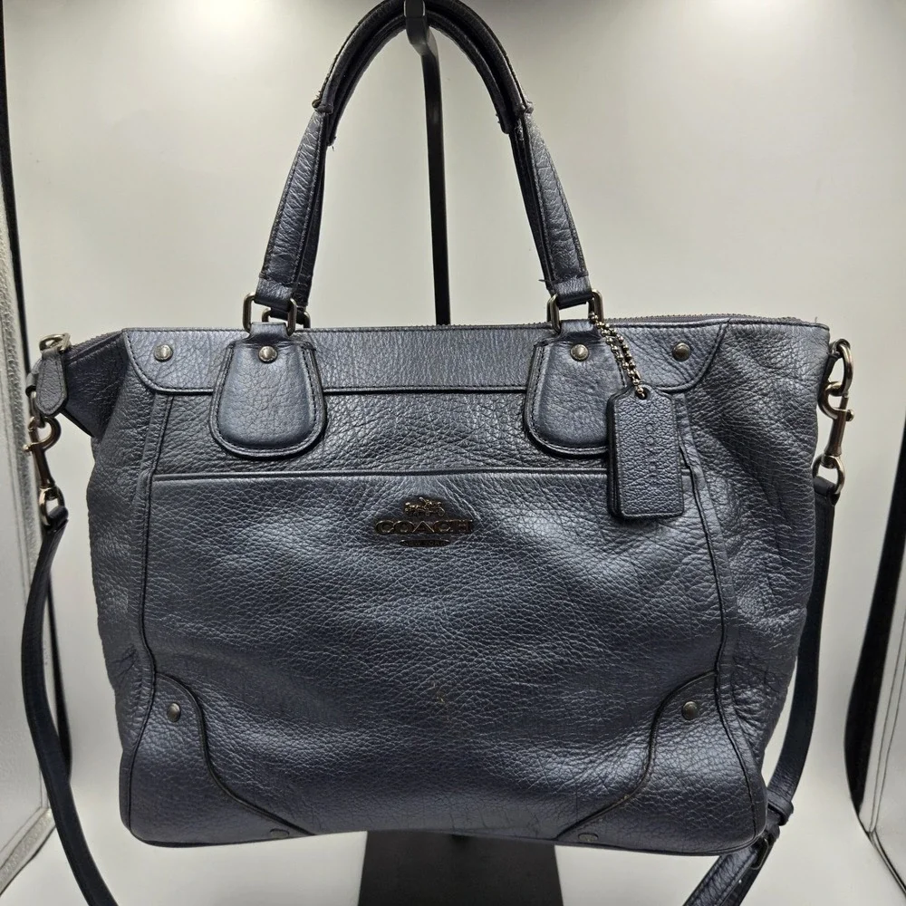 Coach Mickie Pearlized Blue Grain Leather Convertible Cross Bag F34040 Gunmetal